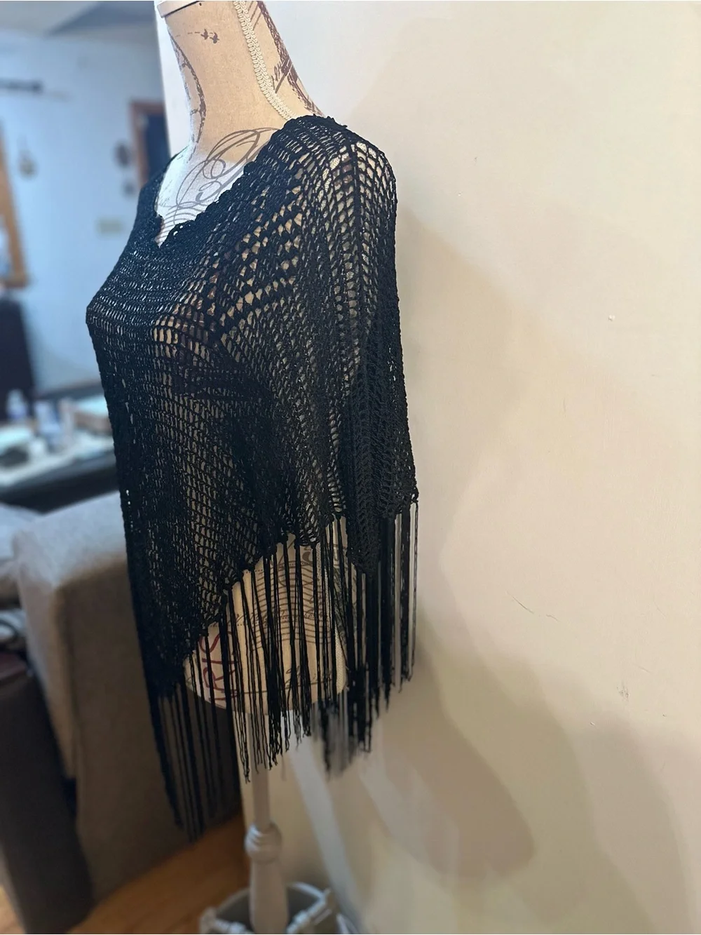 Reaction Kenneth Cole Black Crochet Fringe Poncho Shawl